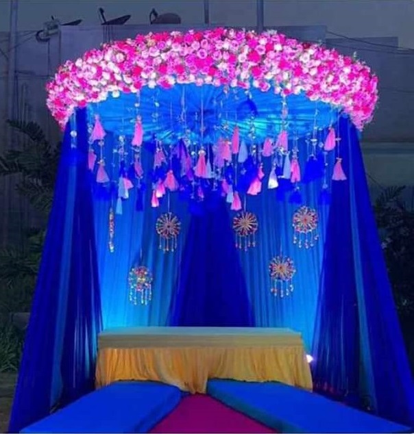 Elegant Blue Themed Backdrop for Sangeet Night | Elegant sangeet backdrop  decoration | Grand sangeet backdrop decoration | best sangeet backdrop  decoration with flowers | Theme sangeet backdrop decoration for open area |