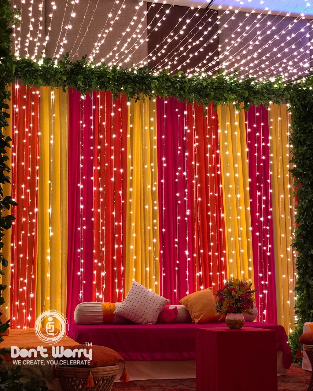 Elegant Mehndi Backdrop with Rice Lights | Simple and unique mehandi  decoration | Elegant mehandi stage decoration | Grand mehandi backdrop  decoration | best mehandi backdrop decoration with flowers | Theme mehandi