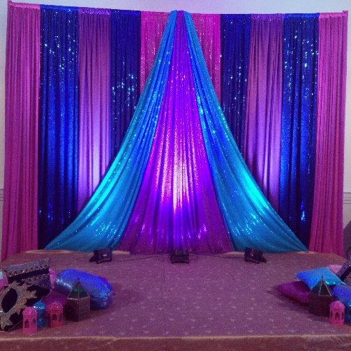 Elegant Blue Theme Sitting Backdrop for Ladies Sangeet | Best wedding  decoration provider in Varanasi | Theme decoration for sangeet | sangeet  backdrop decoration with curtains | Unique sangeet backdrop decoration |